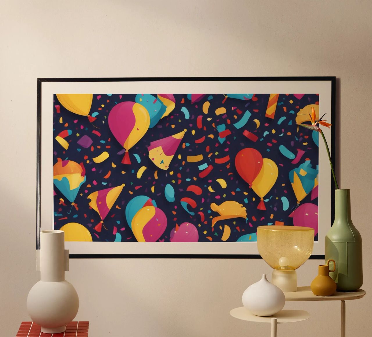 Colorful abstract design featuring balloons and confetti poster by DesignDoodle