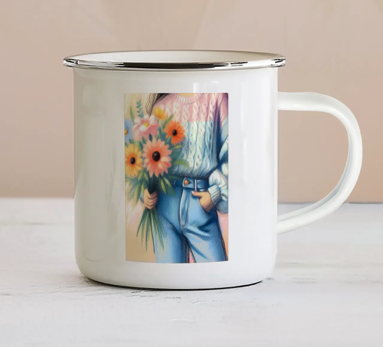 Donna con mazzo di fiori tazza in smalto da ARTOMATIC