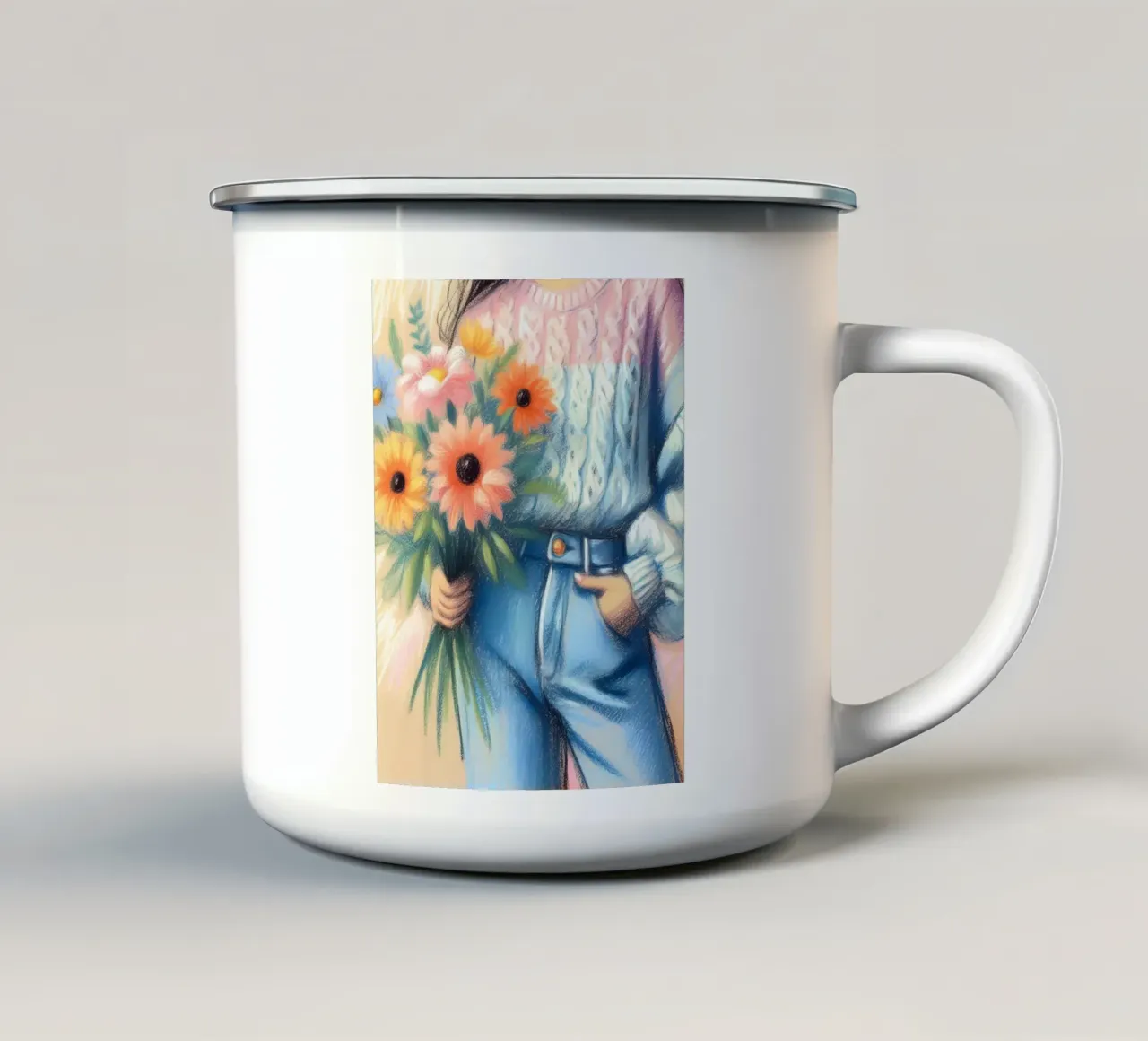 Donna con mazzo di fiori tazza in smalto da ARTOMATIC