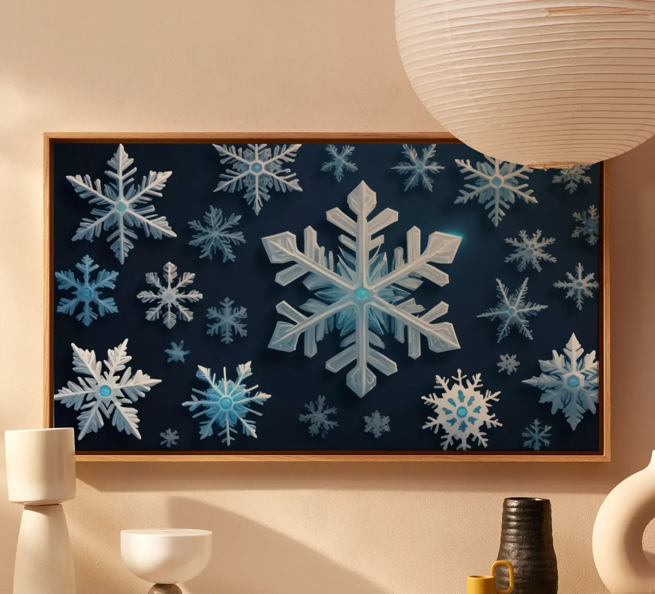 Colorful abstract snowflakes on a dark background canvas with Floater frame by DesignDoodle