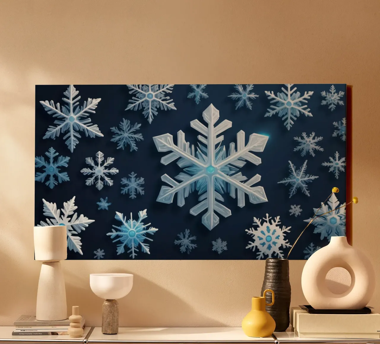 Colorful abstract snowflakes on a dark background canvas with Floater frame by DesignDoodle