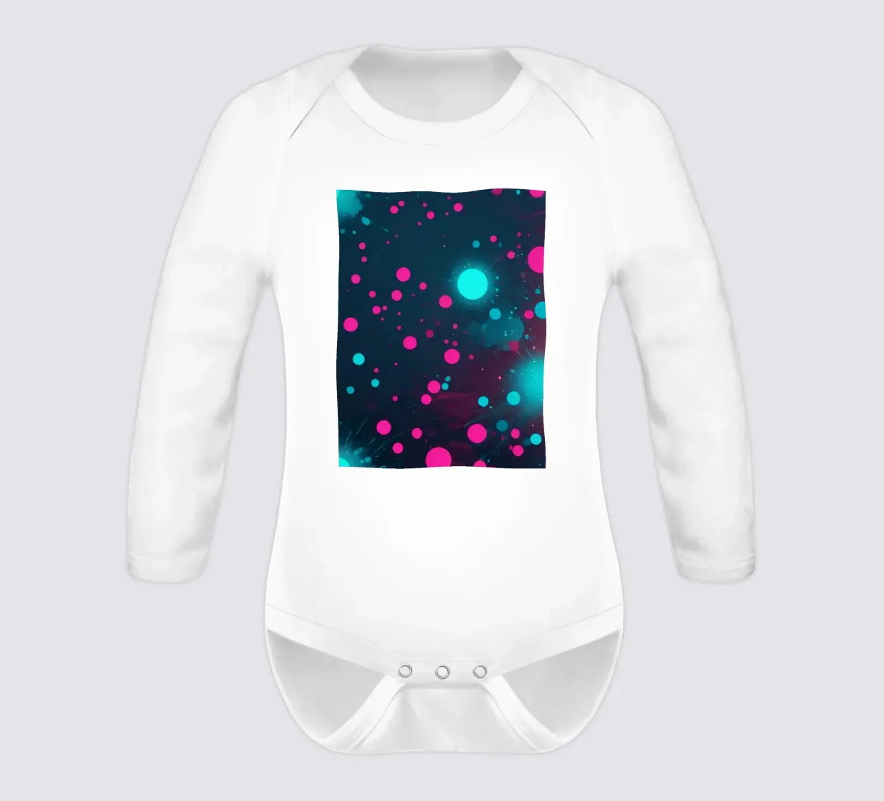 Vibrant abstract design featuring dynamic circles and radian long-sleeve baby romper by DesignDoodle