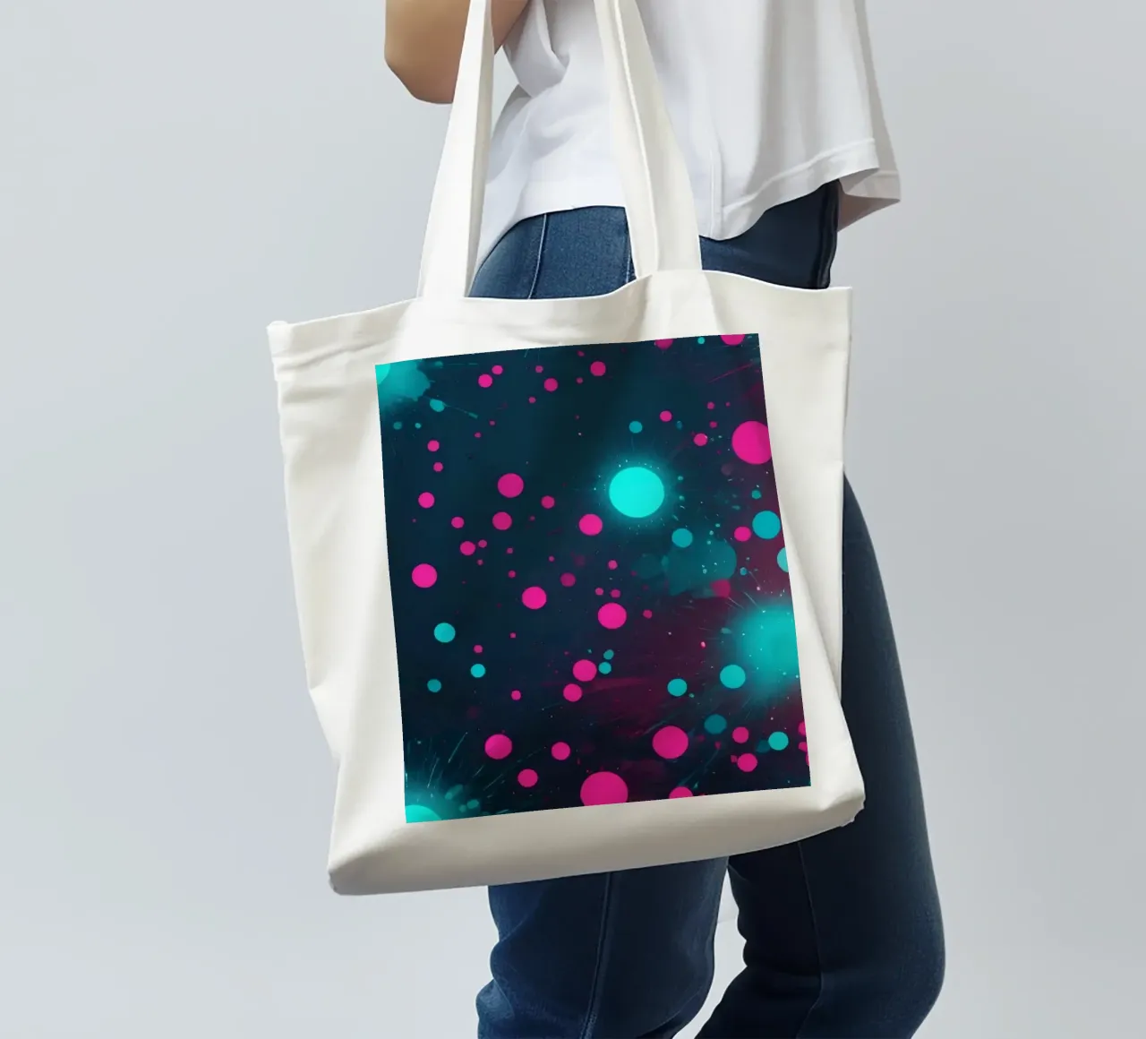 Vibrant abstract design featuring dynamic circles and radian tote bag by DesignDoodle