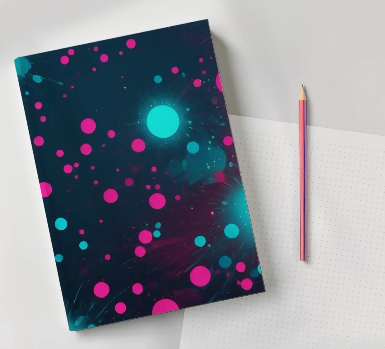 Motif abstrait vibrant représentant des cercles et des radian dynamiques carnet de notes de DesignDoodle