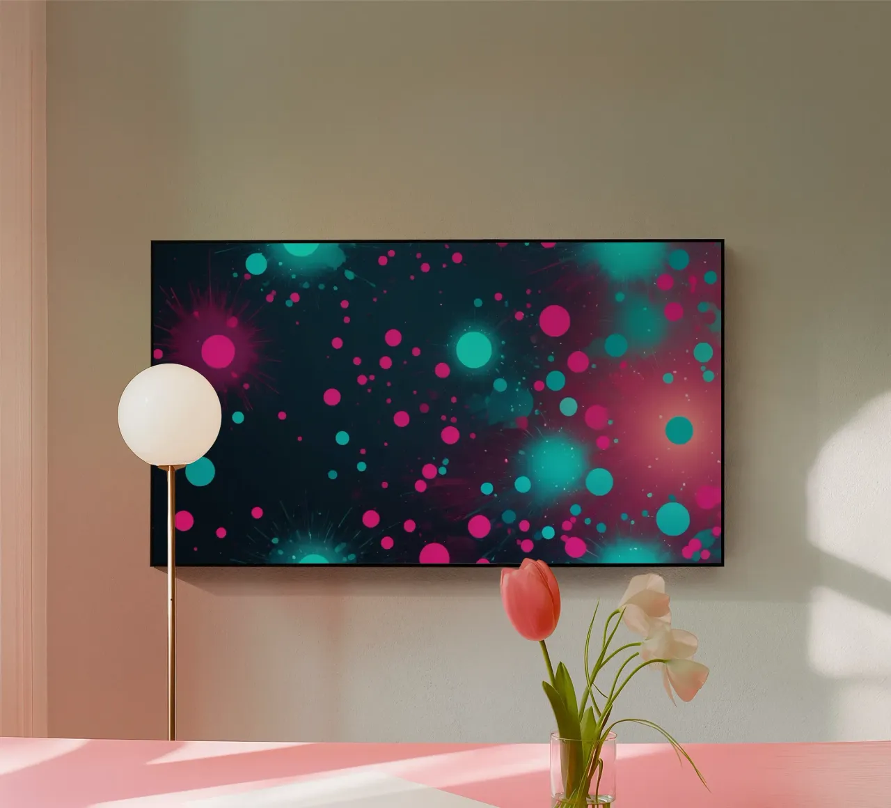 Vibrant abstract design featuring dynamic circles and radian acrylic glass by DesignDoodle