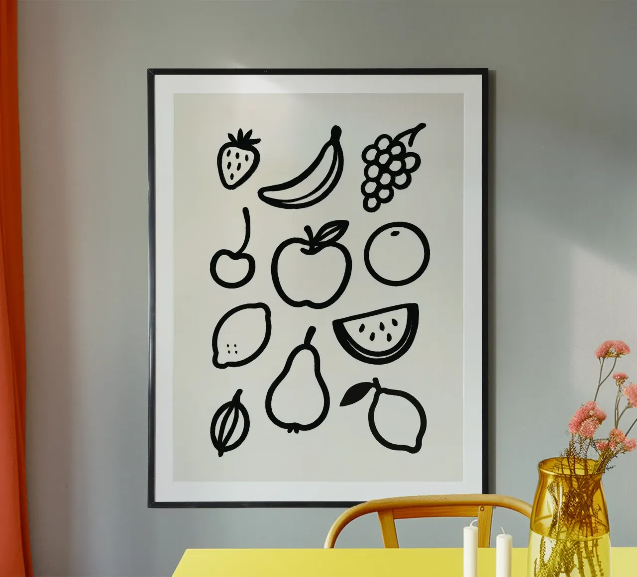 Frutti Pennellata dipinta in bianco e nero poster con telaio in plastica da Katja Stehle Design