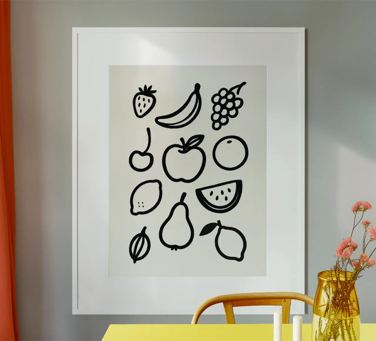 Frutti Pennellata dipinta in bianco e nero poster con telaio in plastica da Katja Stehle Design