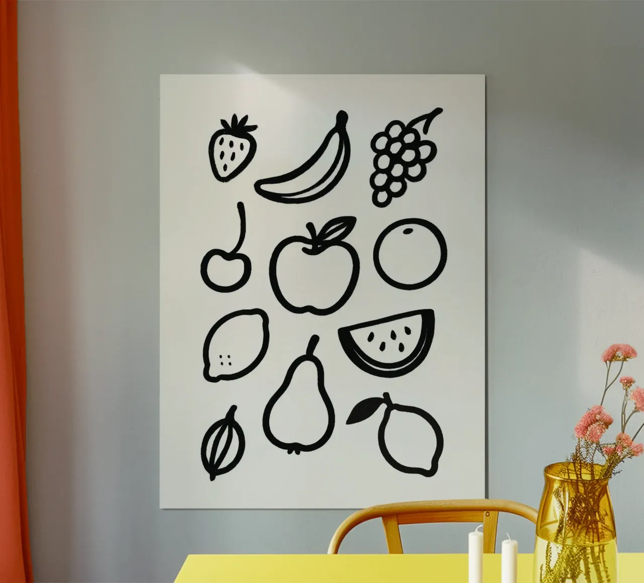 Frutti Pennellata dipinta in bianco e nero poster con telaio in plastica da Katja Stehle Design