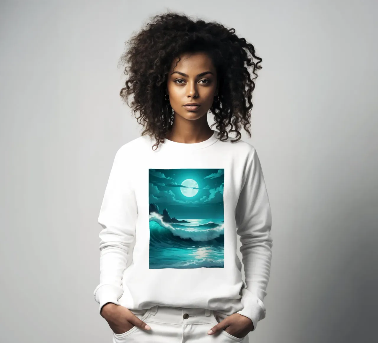 Vibrant abstract ocean waves under a luminous moonlight sweatshirt by DesignDoodle