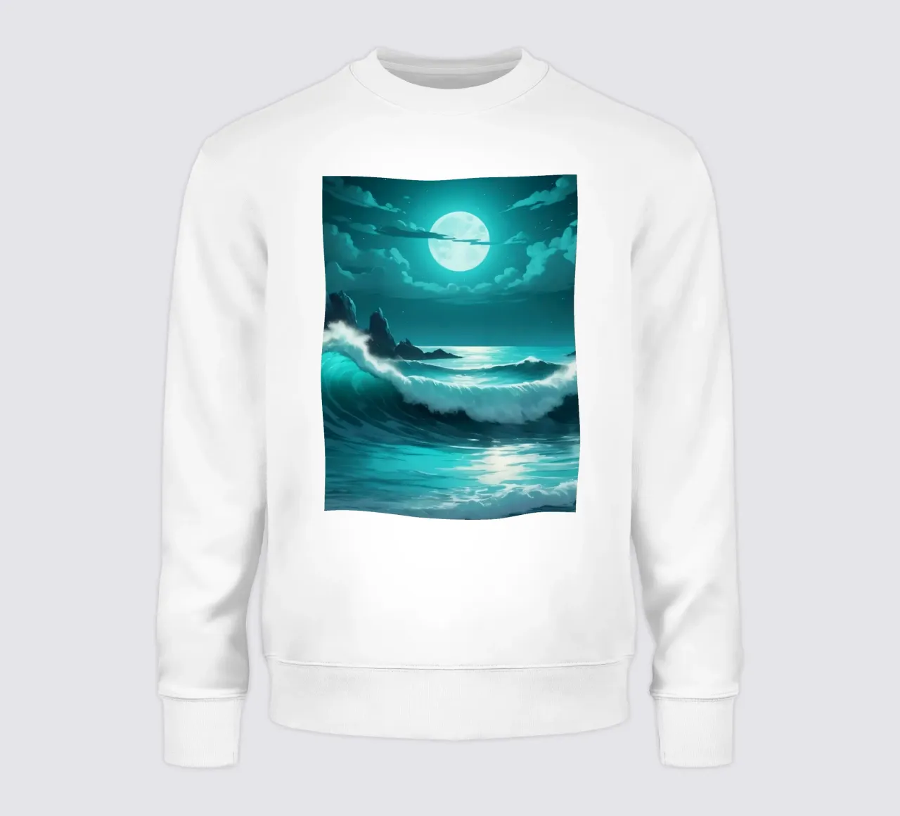Vibrant abstract ocean waves under a luminous moonlight sweatshirt by DesignDoodle
