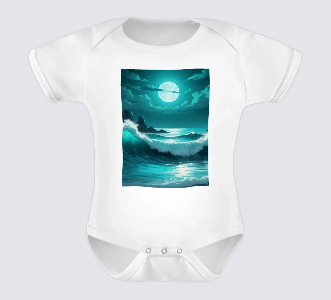 Vibrant abstract ocean waves under a luminous moonlight short-sleeve baby romper by DesignDoodle