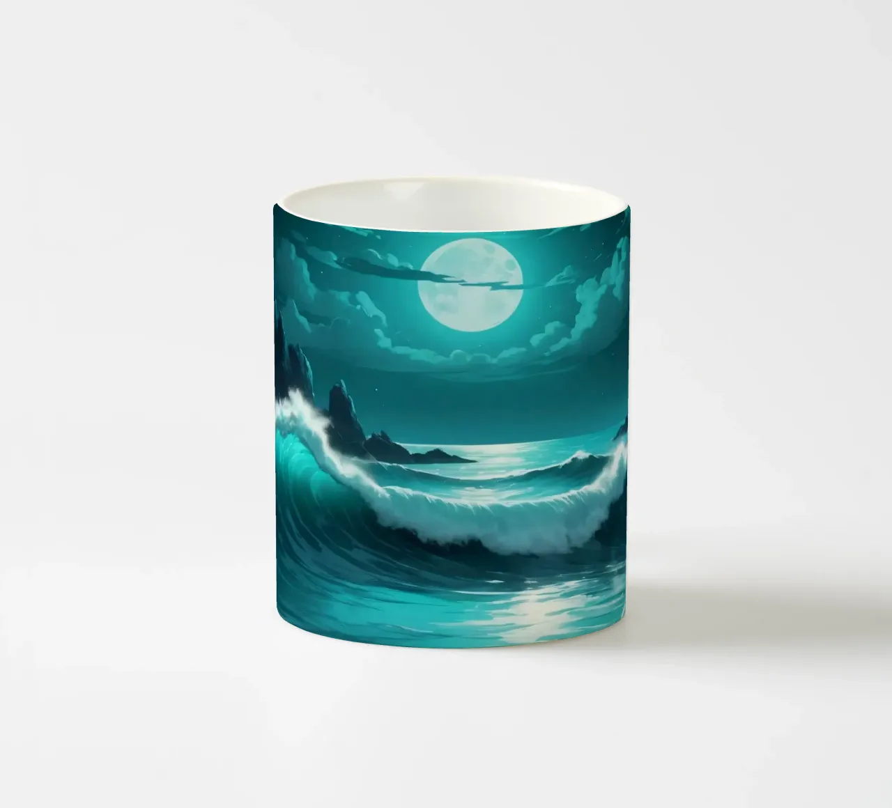 Levendige abstracte oceaangolven onder helder maanlicht keramische mok van DesignDoodle