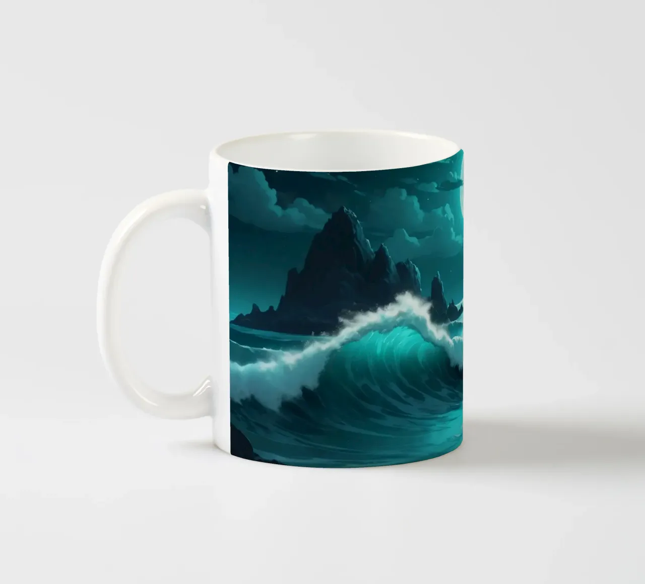 Levendige abstracte oceaangolven onder helder maanlicht keramische mok van DesignDoodle