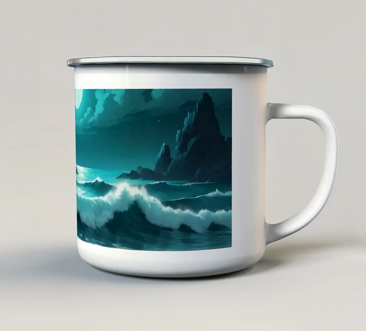 Levendige abstracte oceaangolven onder helder maanlicht emaille mok van DesignDoodle