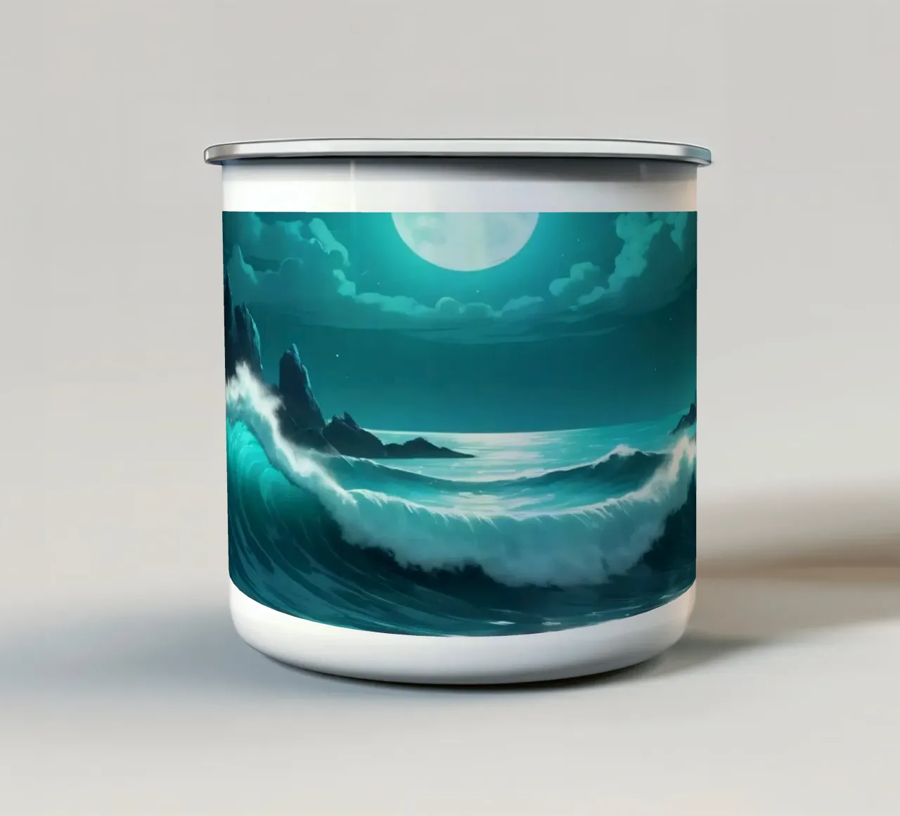 Levendige abstracte oceaangolven onder helder maanlicht emaille mok van DesignDoodle