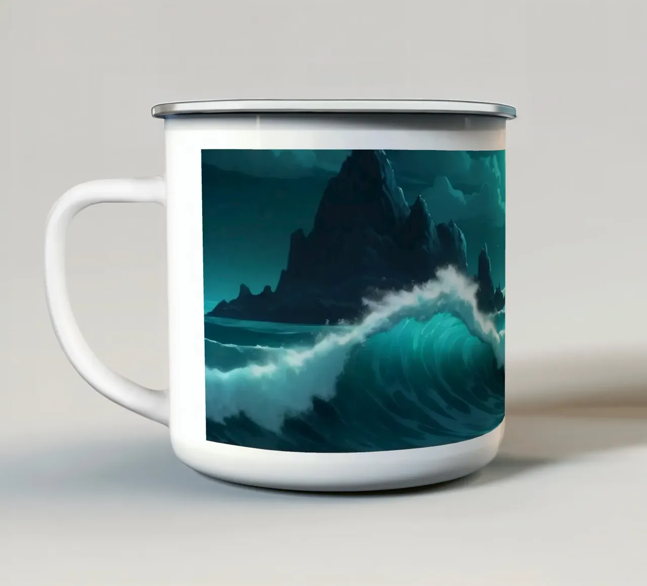 Levendige abstracte oceaangolven onder helder maanlicht emaille mok van DesignDoodle