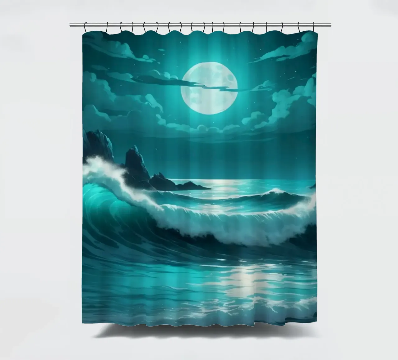 Vibrant abstract ocean waves under a luminous moonlight shower curtain by DesignDoodle