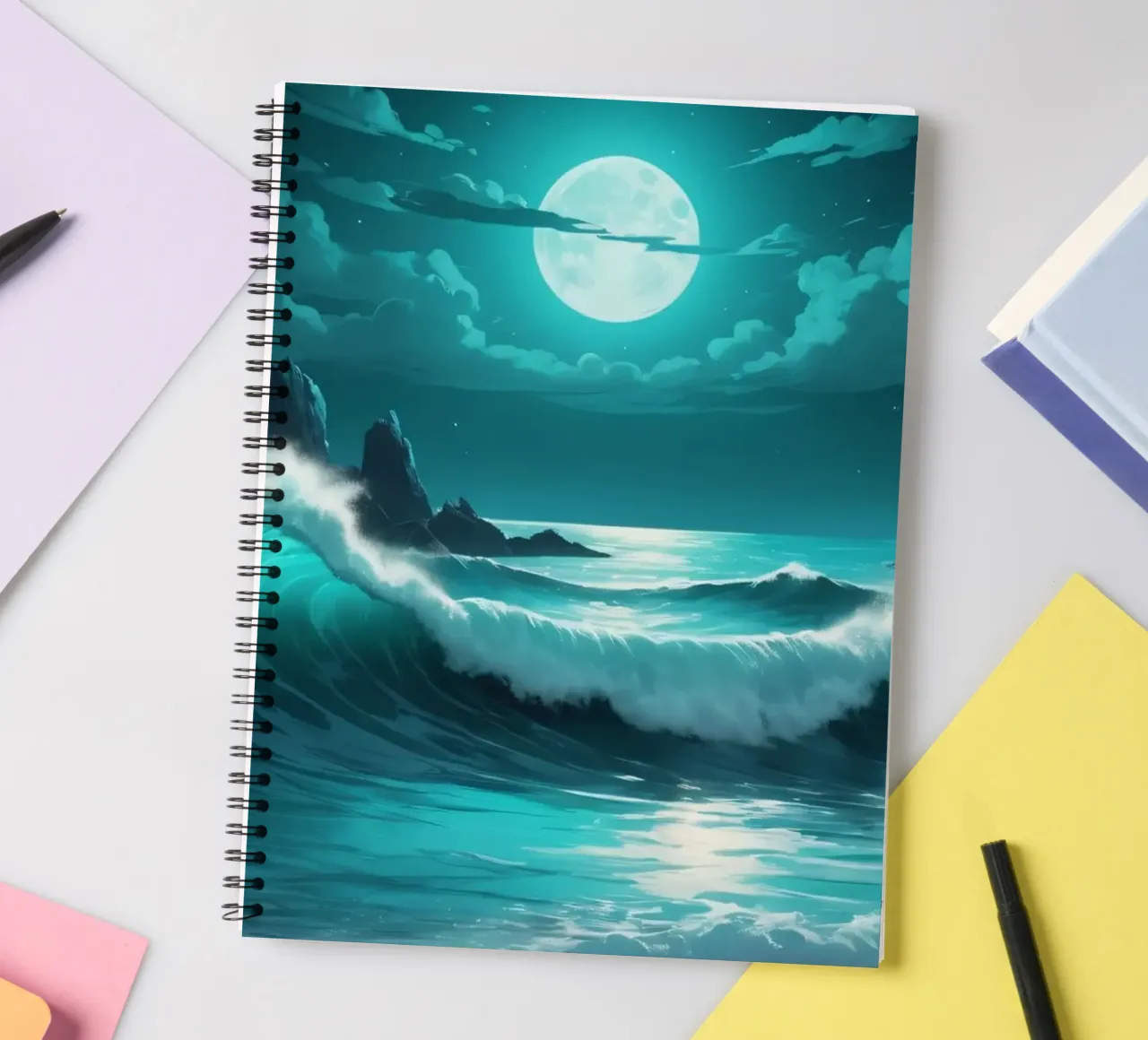Vibrant abstract ocean waves under a luminous moonlight spiral notebook by DesignDoodle