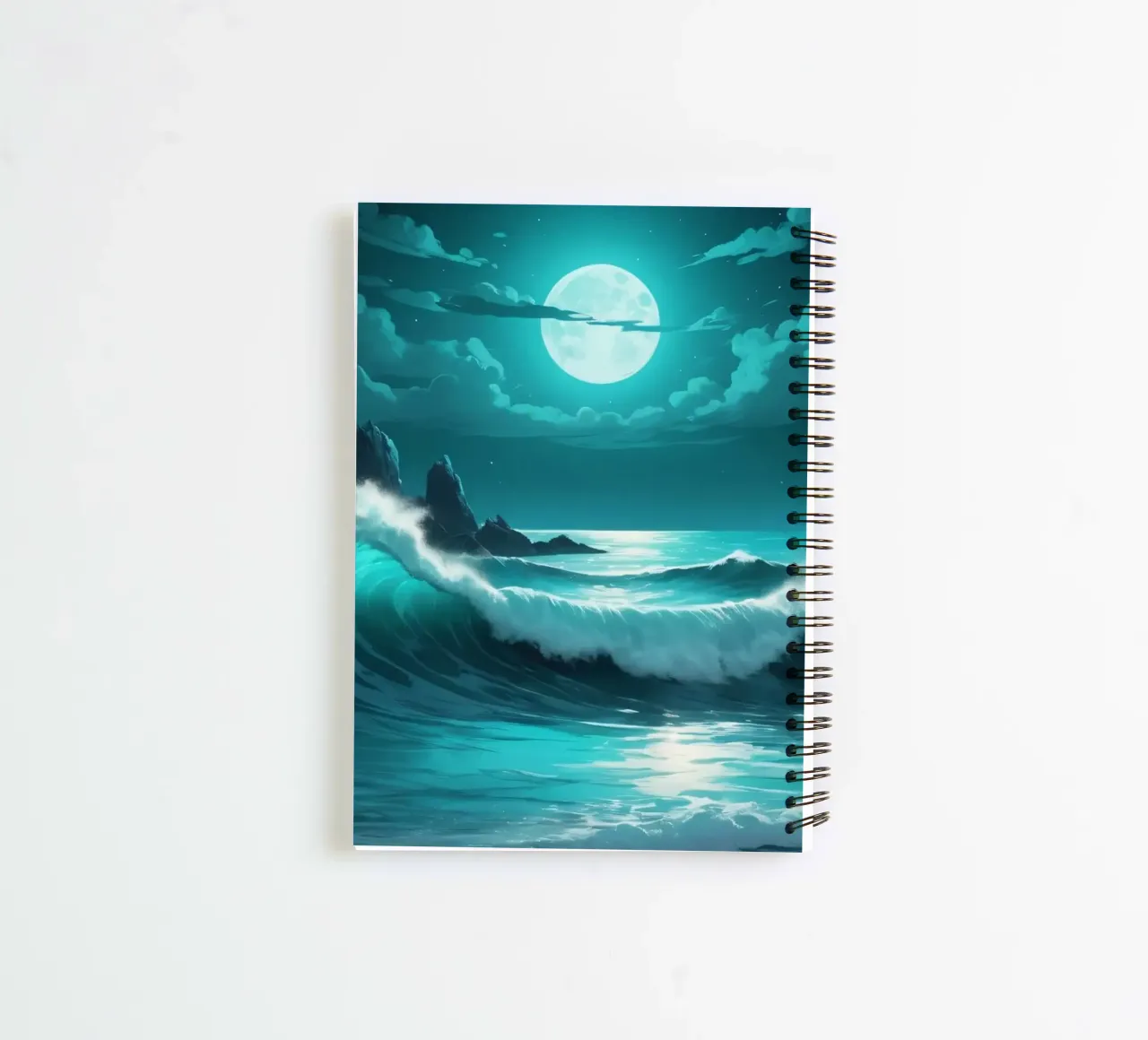 Vibrant abstract ocean waves under a luminous moonlight spiral notebook by DesignDoodle
