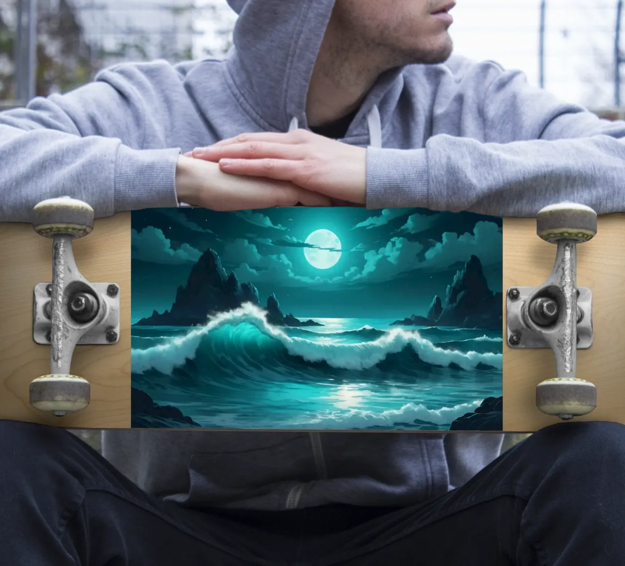 Vibrant abstract ocean waves under a luminous moonlight sticker by DesignDoodle