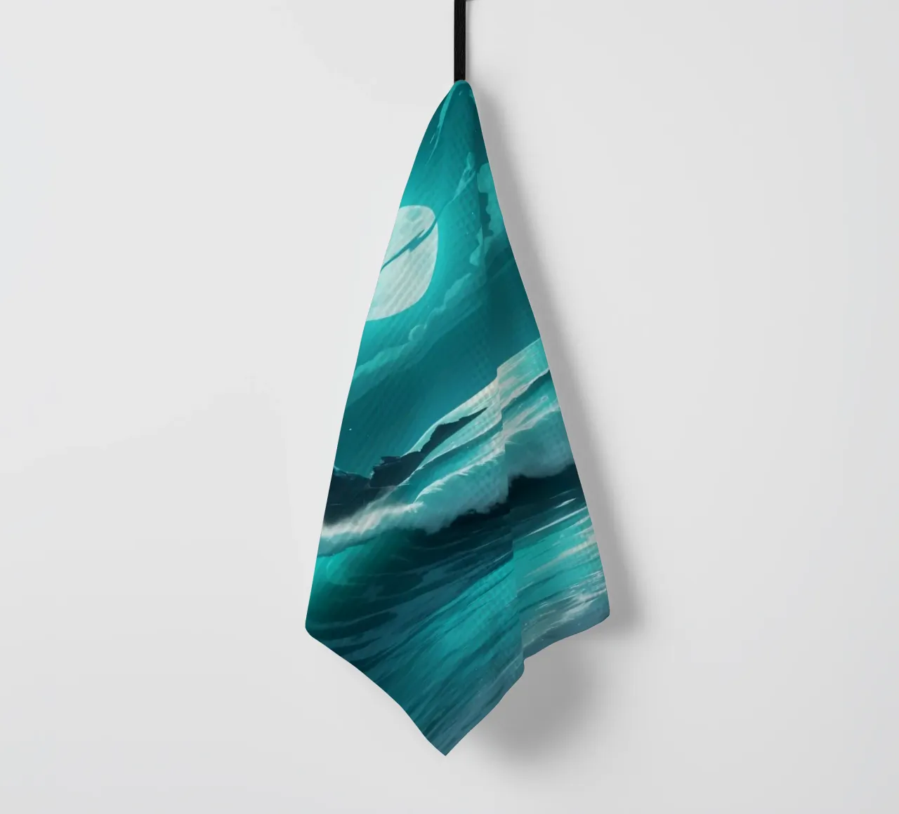 Vagues abstraites et vibrantes de l'océan sous un clair de lune lumineux torchon de DesignDoodle