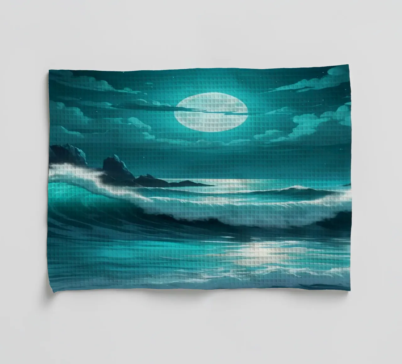 Vagues abstraites et vibrantes de l'océan sous un clair de lune lumineux torchon de DesignDoodle