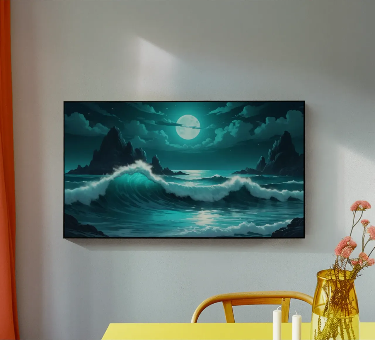 Vibrant abstract ocean waves under a luminous moonlight acrylic glass by DesignDoodle