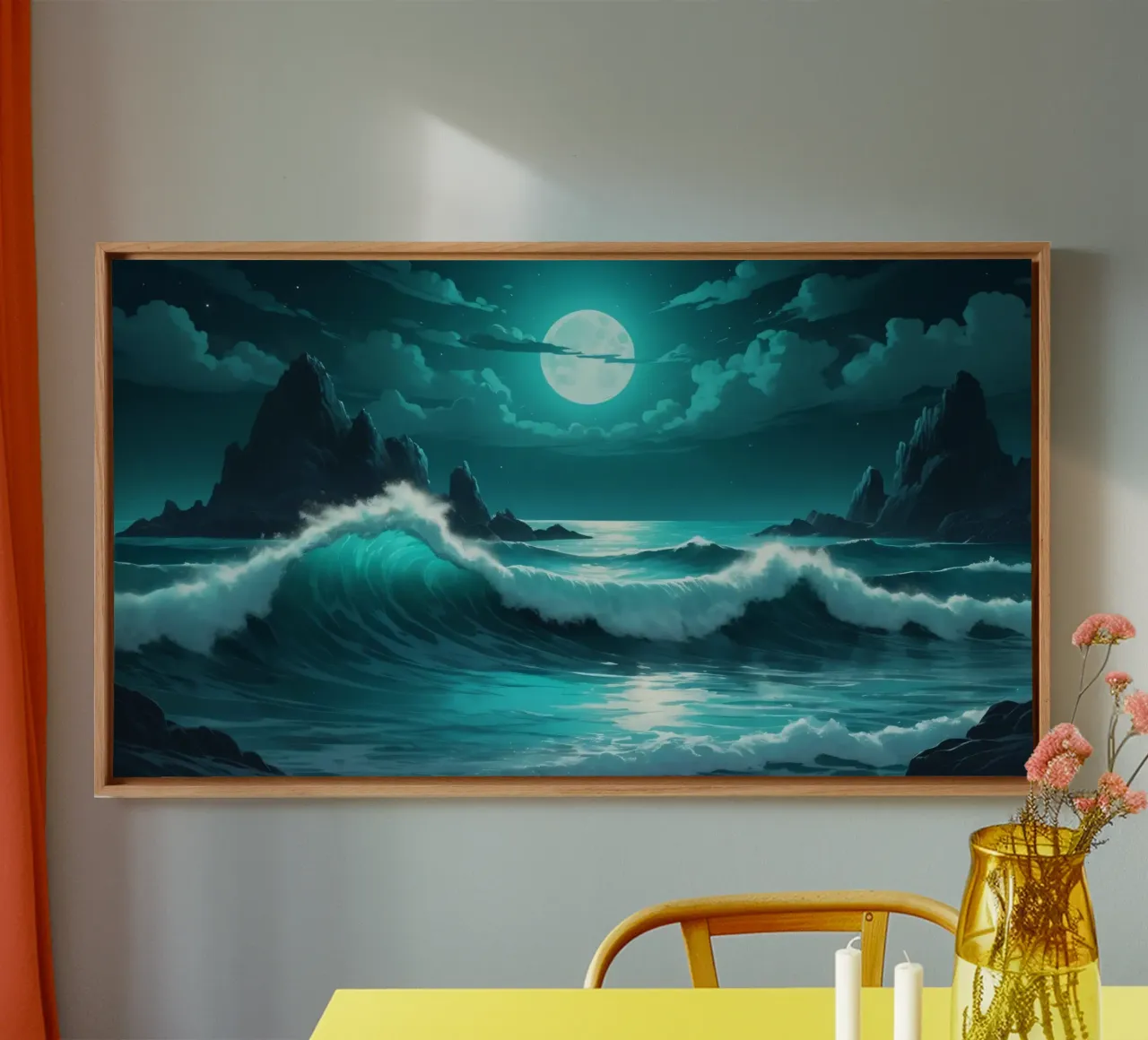 Vibrant abstract ocean waves under a luminous moonlight canvas by DesignDoodle