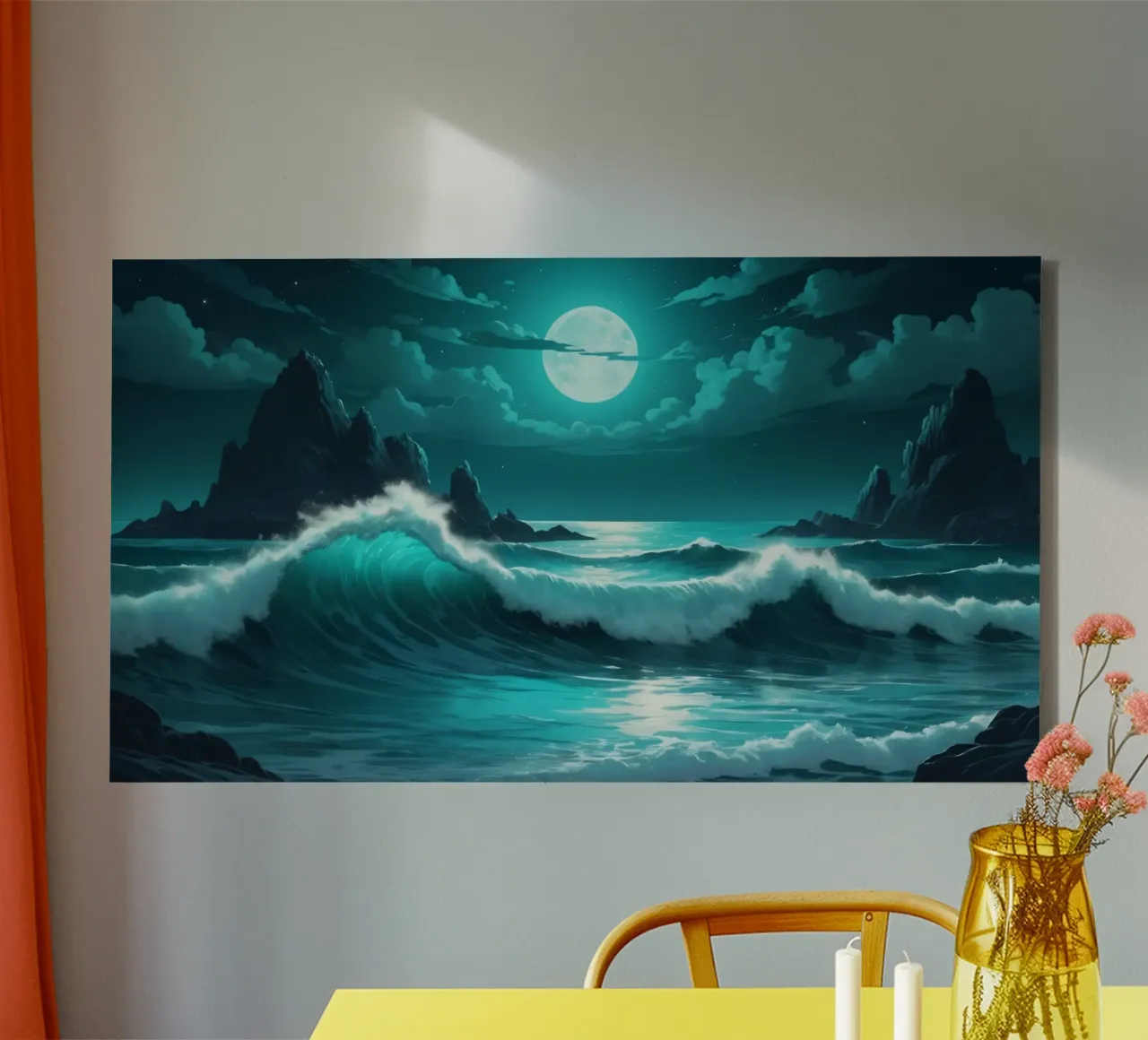 Vibrant abstract ocean waves under a luminous moonlight canvas by DesignDoodle