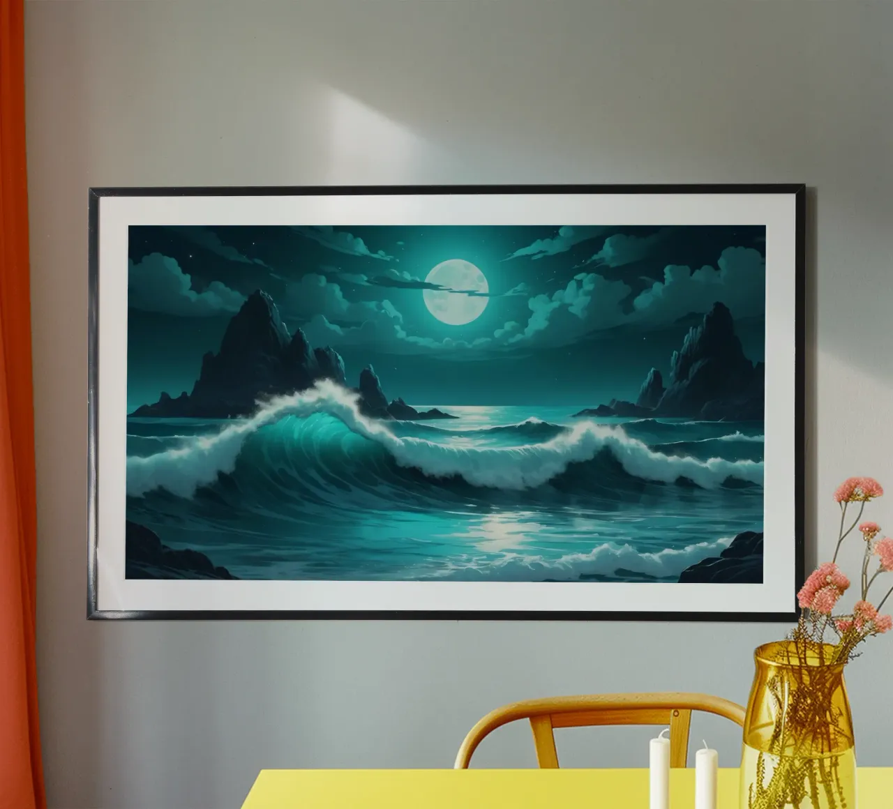 Vibrant abstract ocean waves under a luminous moonlight hahnemühle by DesignDoodle