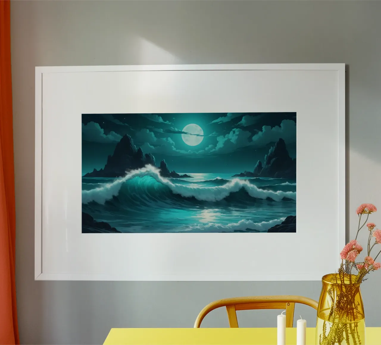 Vibrant abstract ocean waves under a luminous moonlight hahnemühle by DesignDoodle