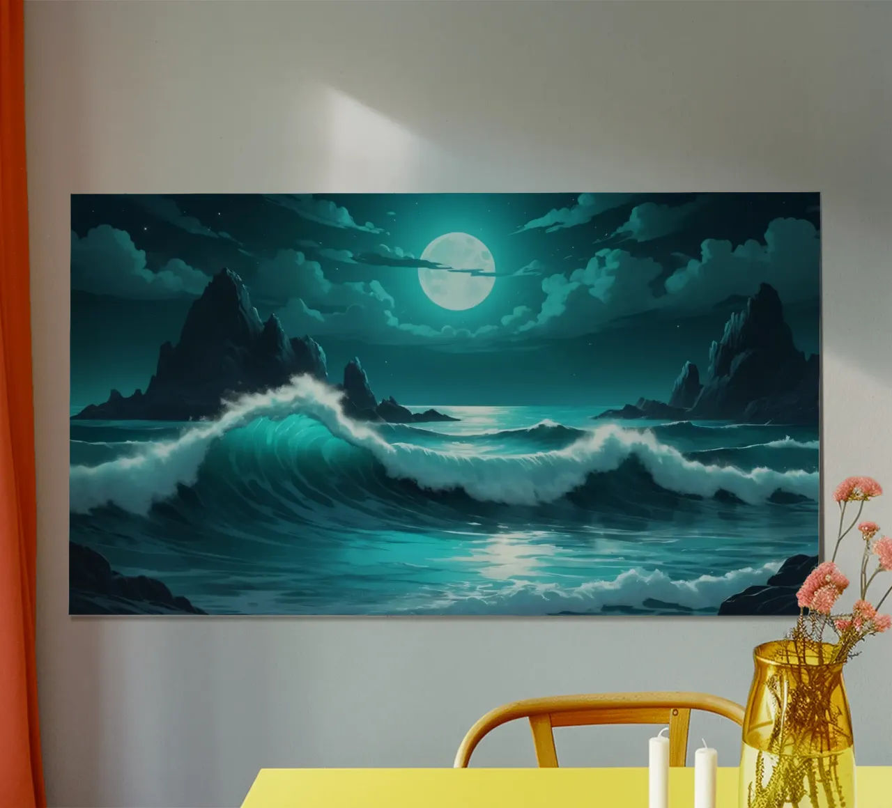 Vibrant abstract ocean waves under a luminous moonlight hahnemühle by DesignDoodle