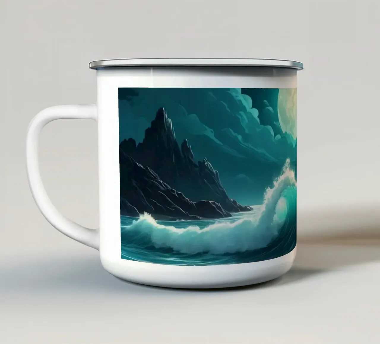 Waves crashing under a luminous moonlight backdrop enamel mug by DesignDoodle