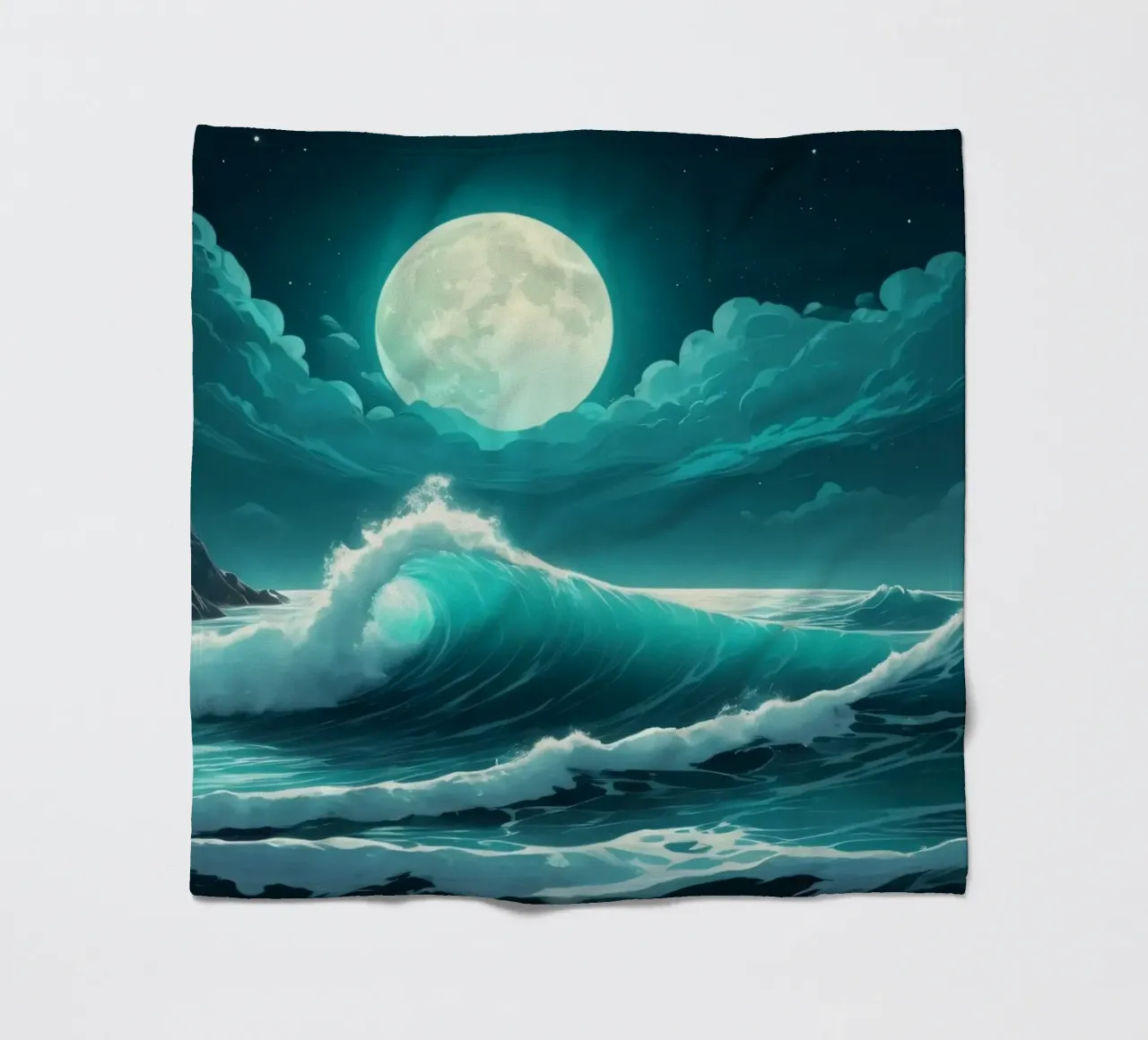 Waves crashing under a luminous moonlight backdrop fleece blanket by DesignDoodle