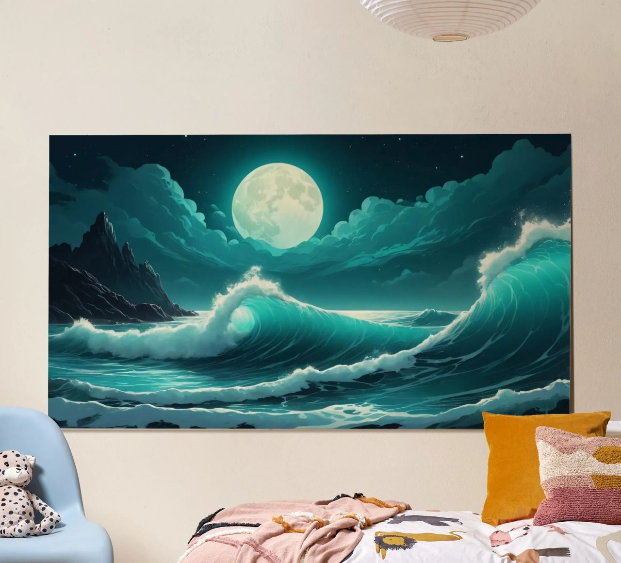 Waves crashing under a luminous moonlight backdrop poster by DesignDoodle