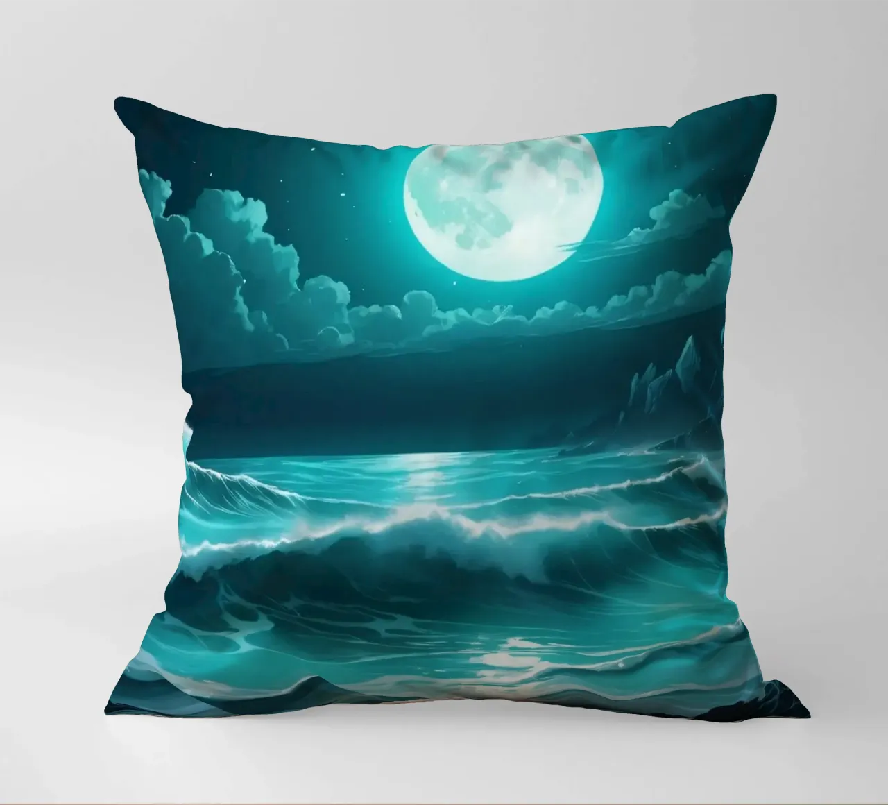Stunning abstract ocean view with glowing moonlight decorative cushion by DesignDoodle