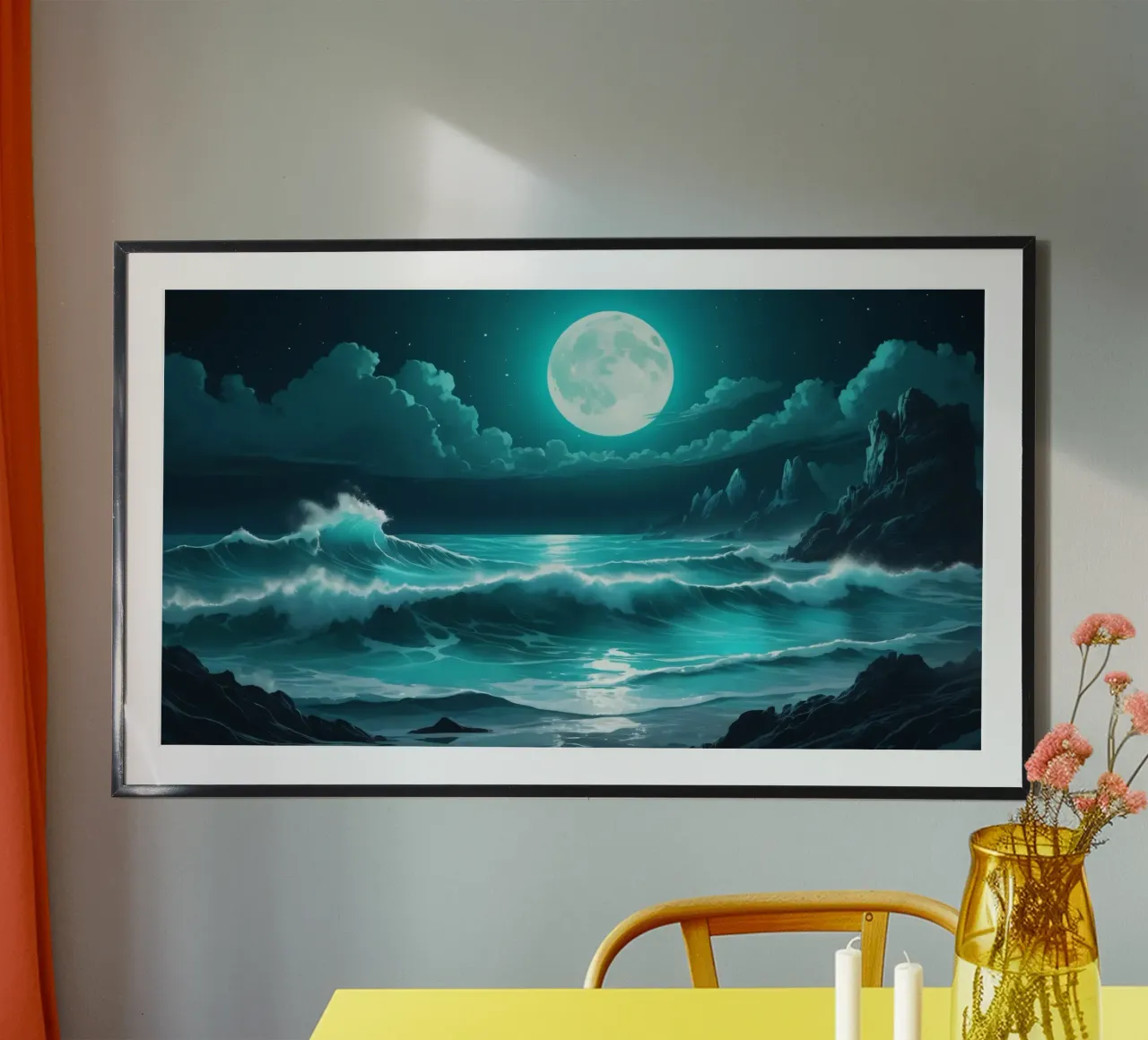 Superbe vue abstraite de l'océan au clair de lune poster avec cadre en bois de DesignDoodle