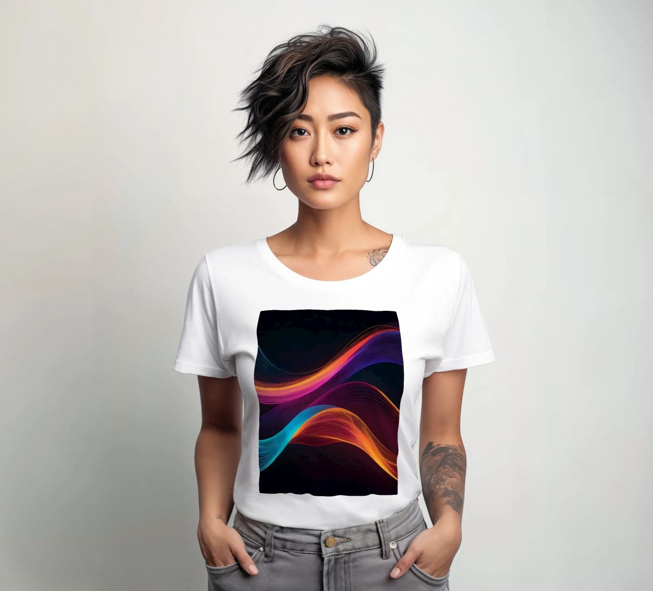 Vibrant abstract waves of color creating a dynamic visual women's fitted t-shirt by DesignDoodle