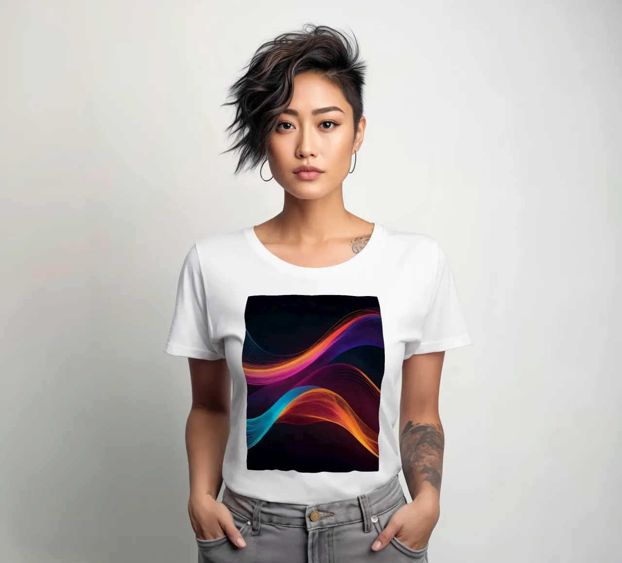Levendige abstracte golven van kleur creëren een dynamisch beeld dames t-shirt getailleerd van DesignDoodle