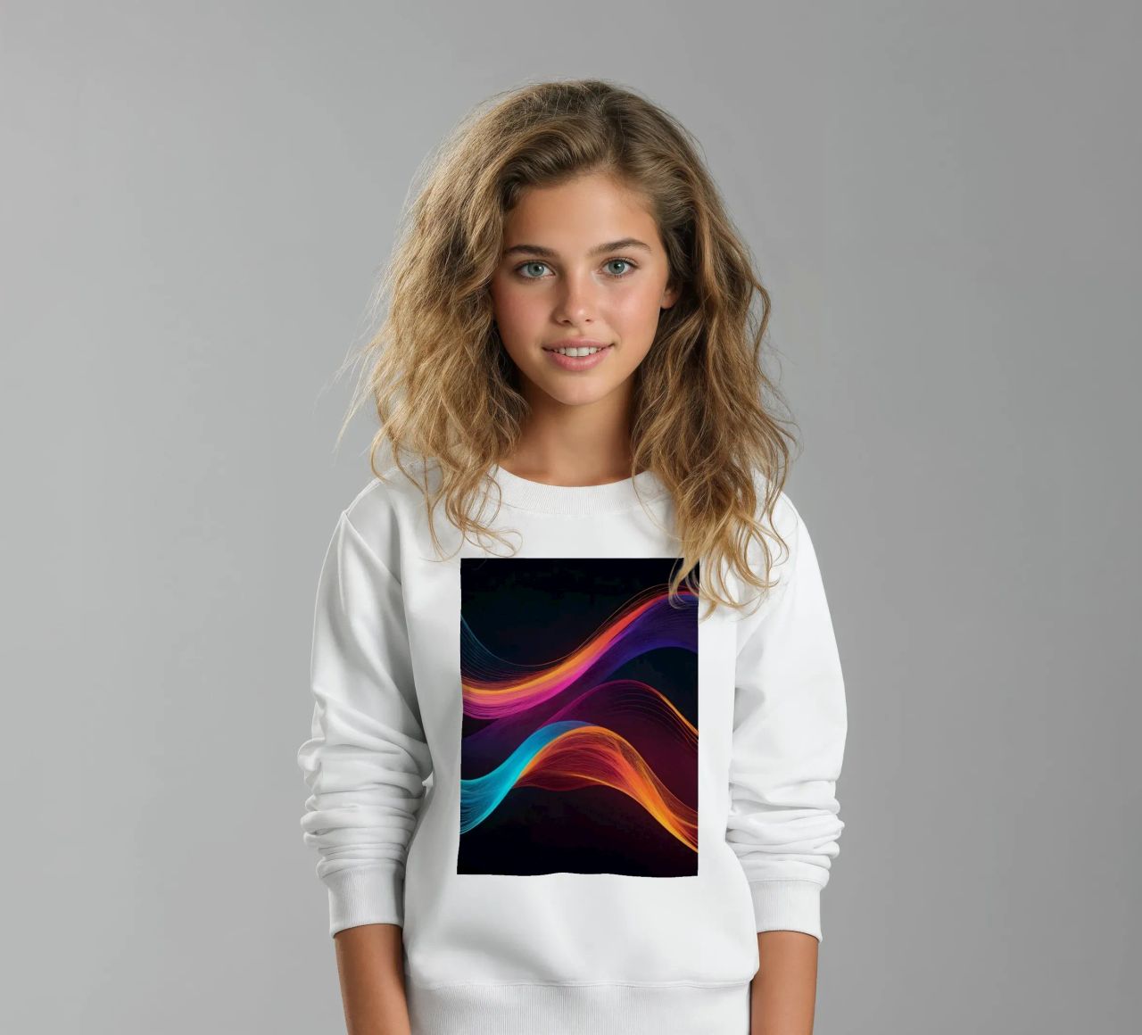 Vibrant abstract waves of color creating a dynamic visual kids sweatshirt by DesignDoodle