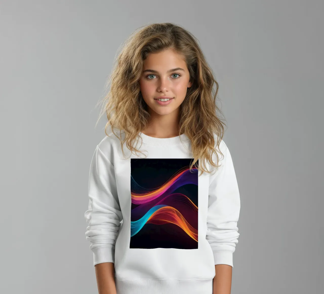 Vibrant abstract waves of color creating a dynamic visual kids sweatshirt by DesignDoodle