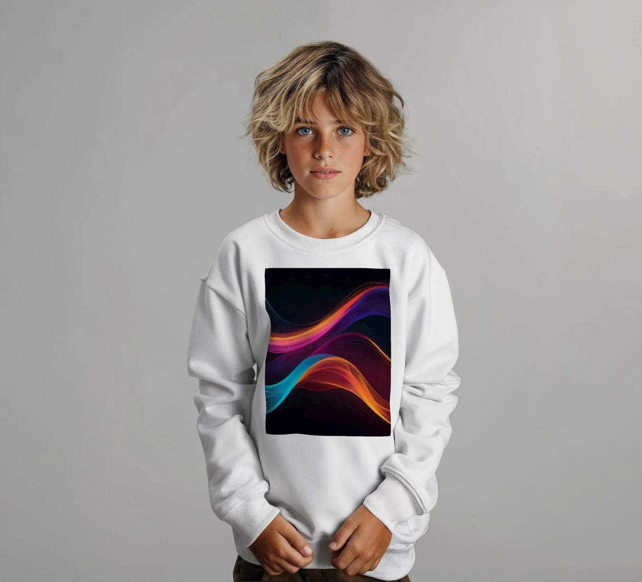 Vibrant abstract waves of color creating a dynamic visual kids sweatshirt by DesignDoodle