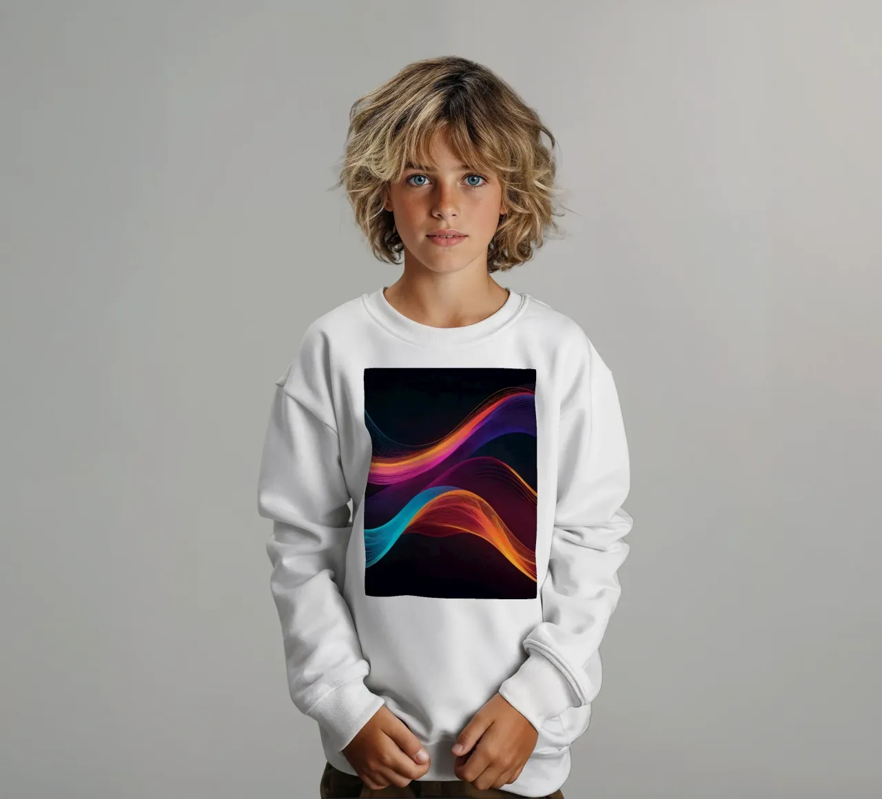 Vibrant abstract waves of color creating a dynamic visual kids sweatshirt by DesignDoodle