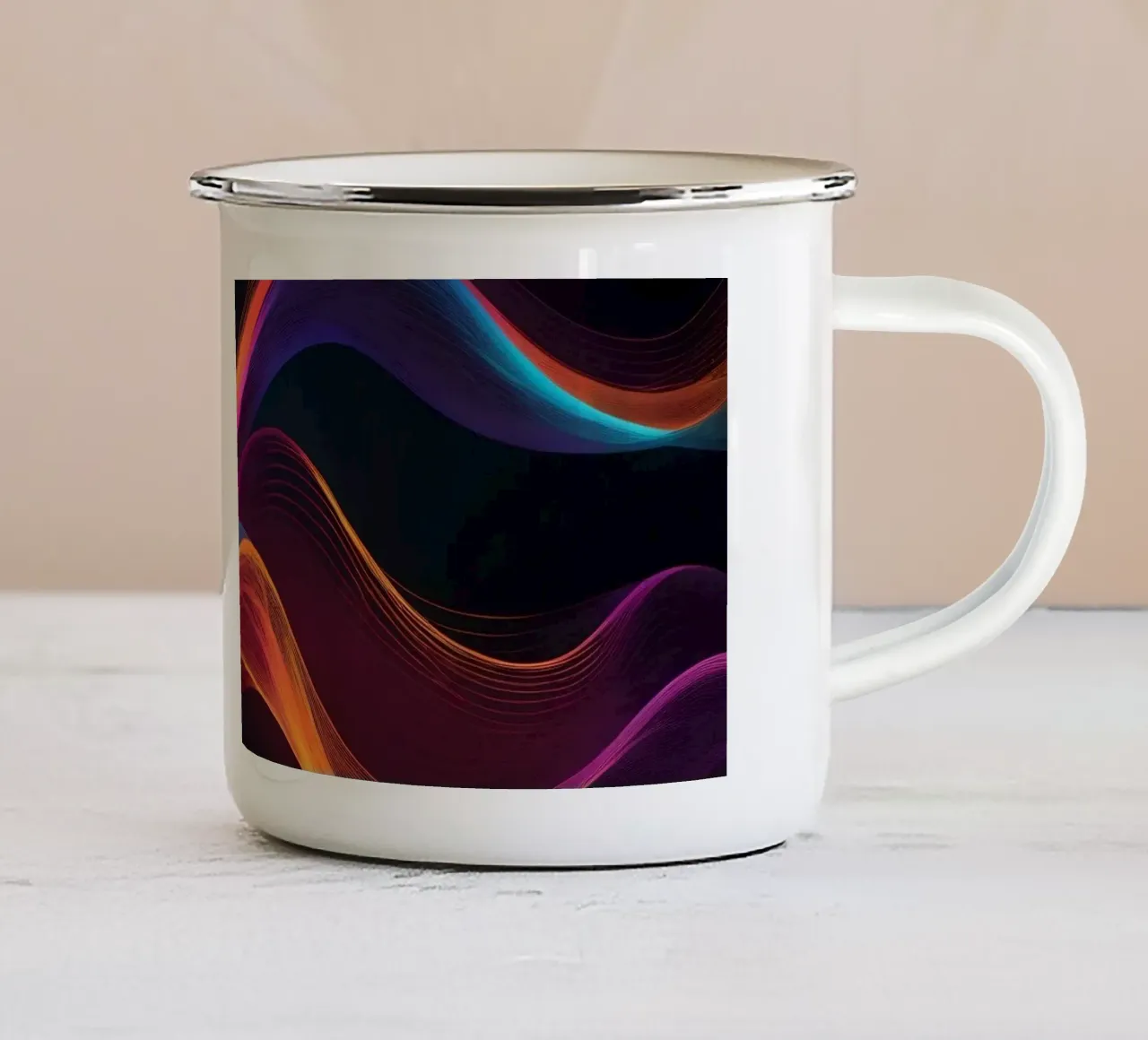 Vibrant abstract waves of color creating a dynamic visual enamel mug by DesignDoodle