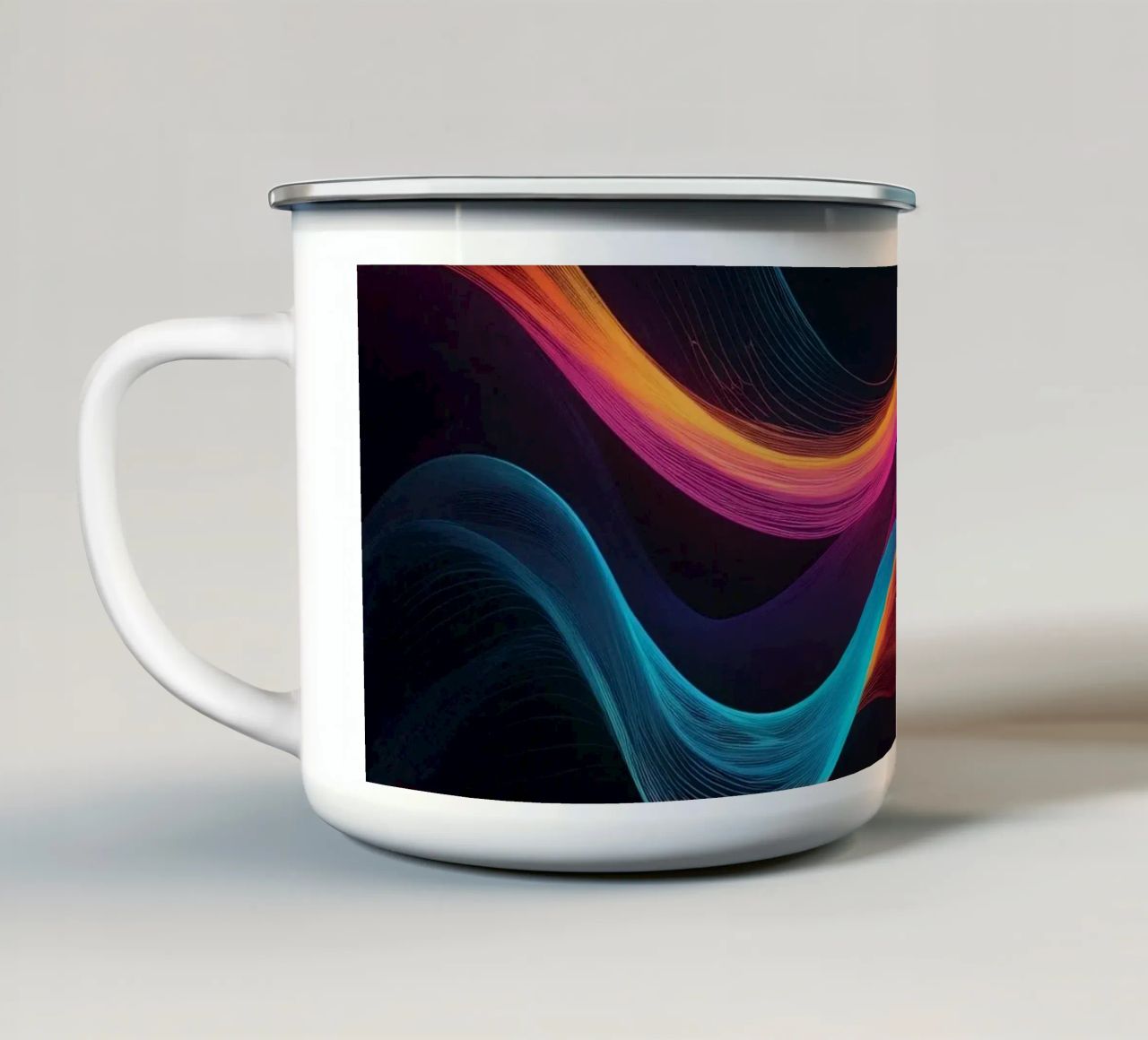 Vibrant abstract waves of color creating a dynamic visual enamel mug by DesignDoodle