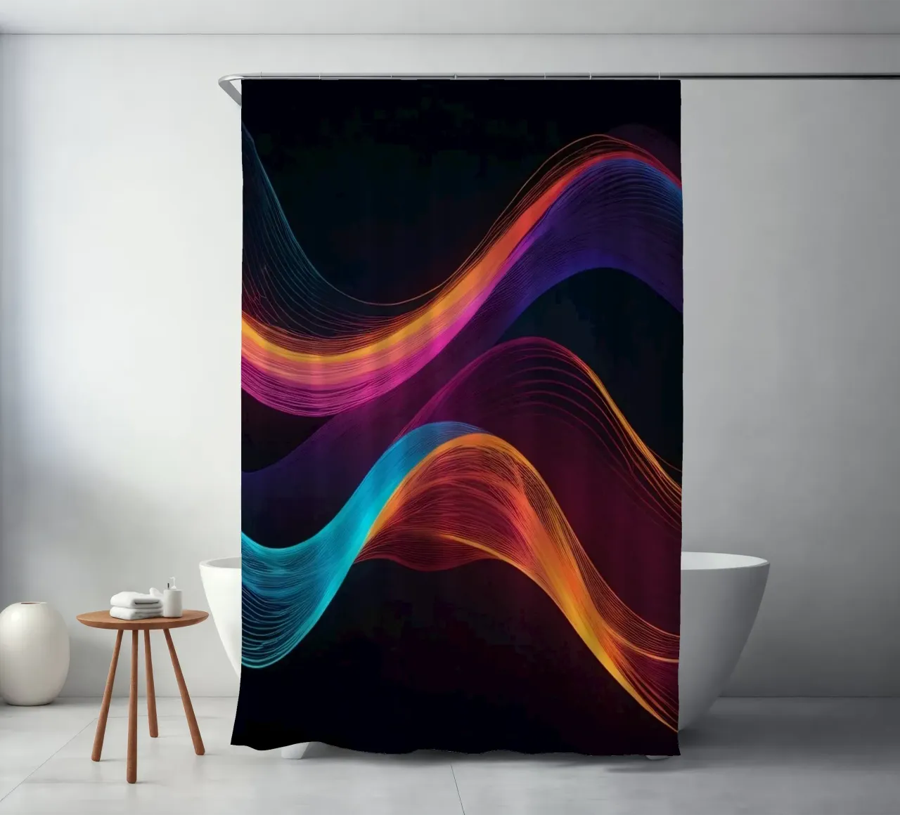 Vibrant abstract waves of color creating a dynamic visual shower curtain by DesignDoodle