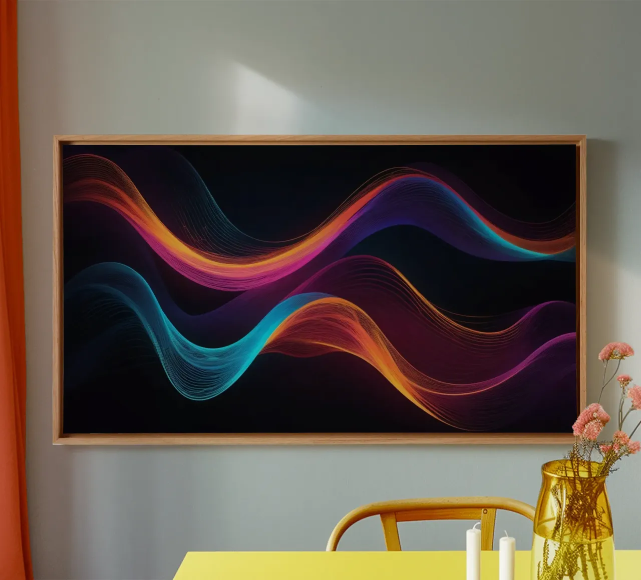 Vibrant abstract waves of color creating a dynamic visual canvas with Floater frame by DesignDoodle