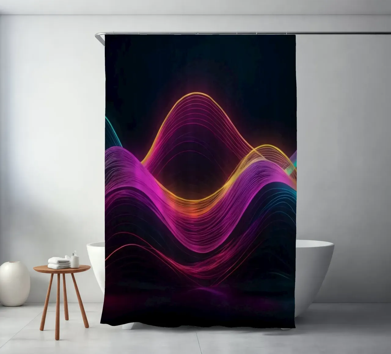 Lebendige abstrakte Wellen schaffen einen hypnotisierenden digitalen Hintergrund Duschvorhang von DesignDoodle