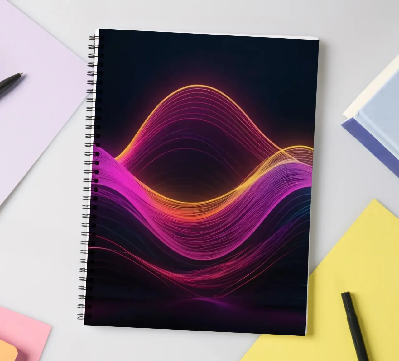 Des vagues abstraites vibrantes créent un fond d'écran numérique envoûtant. carnet à spirale de DesignDoodle