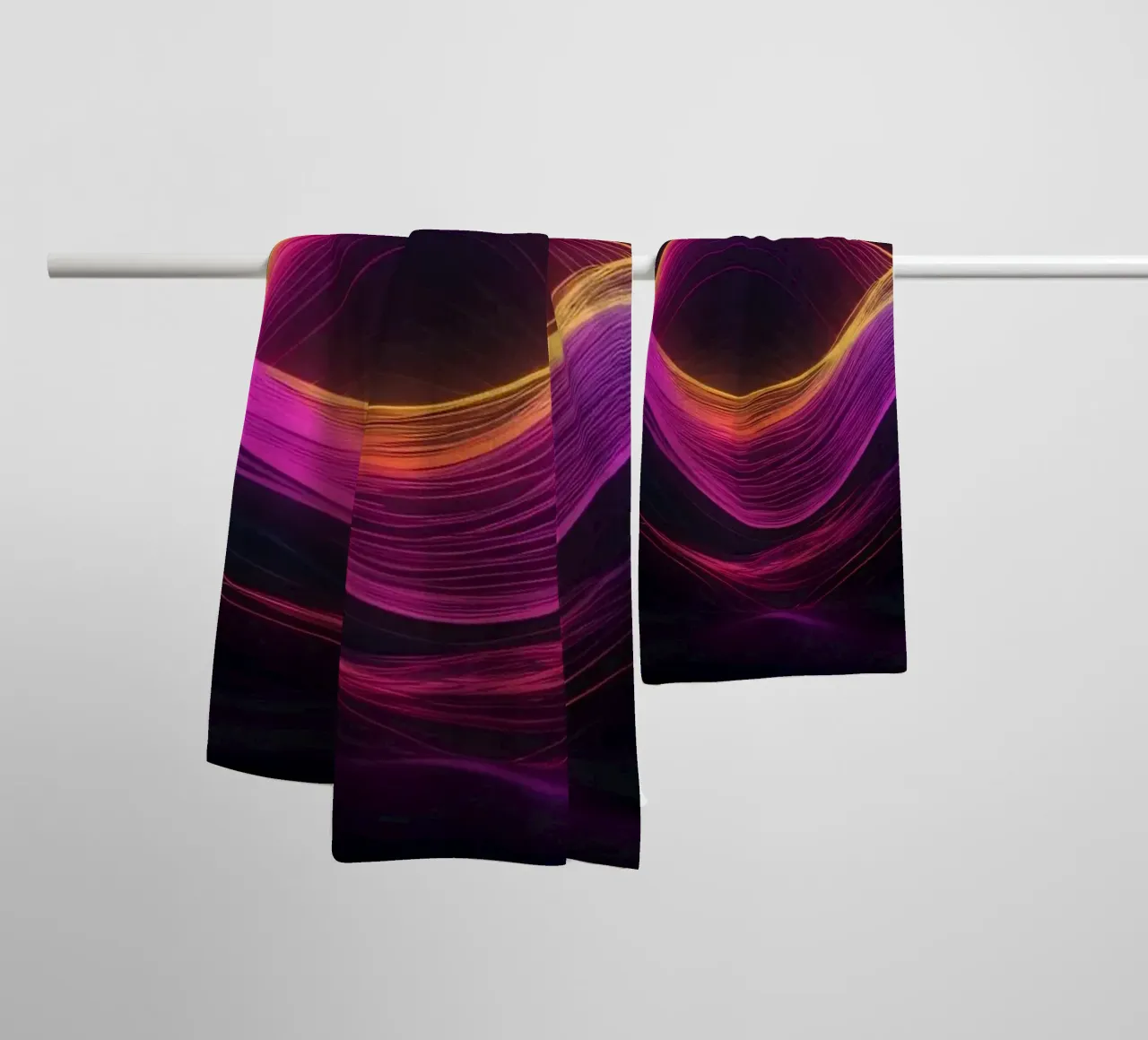 Des vagues abstraites vibrantes créent un fond d'écran numérique envoûtant. serviette de bain de DesignDoodle